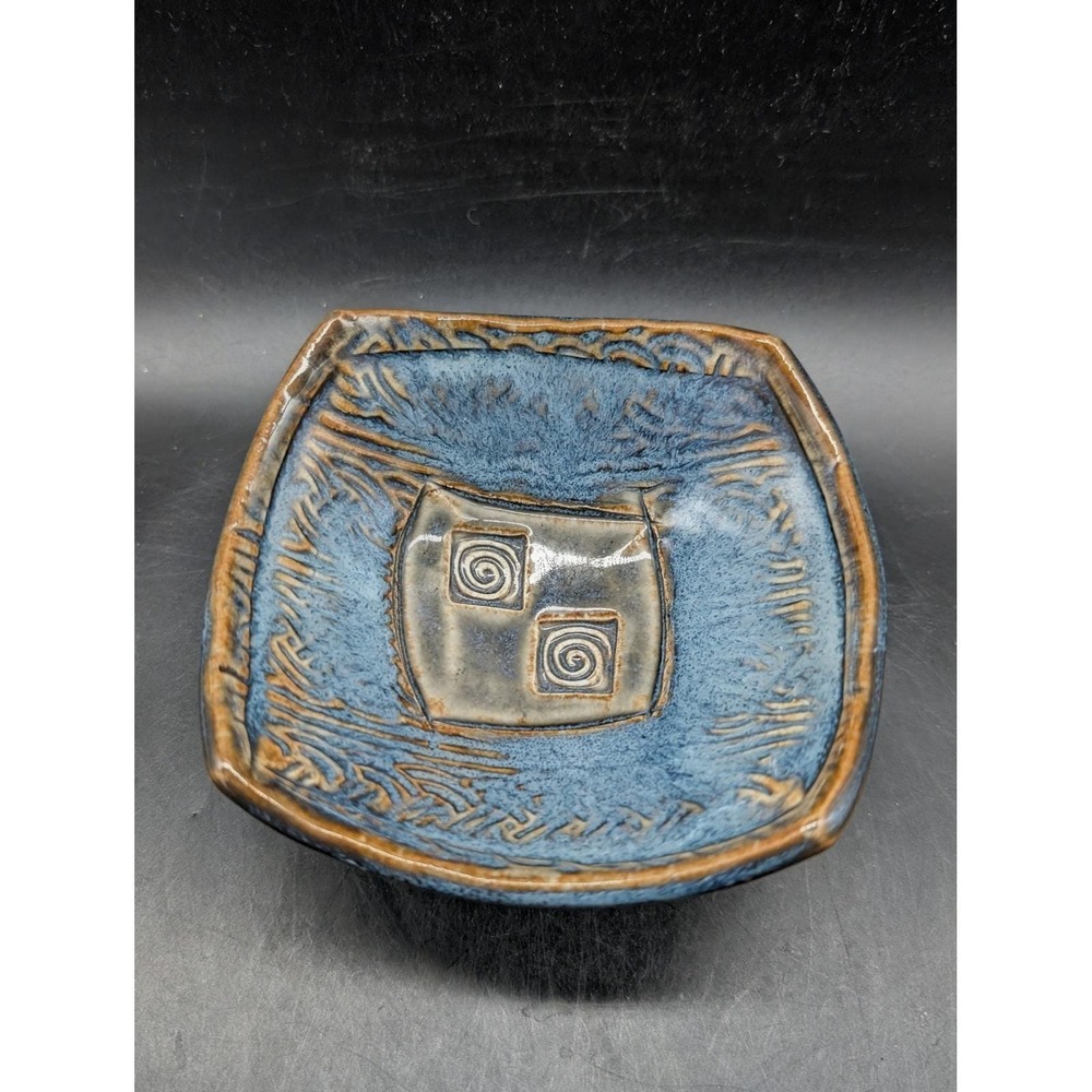 Handmade Studio Pottery Footed Square Bowl Blue Glaze Spiral Ceramic 4.75in